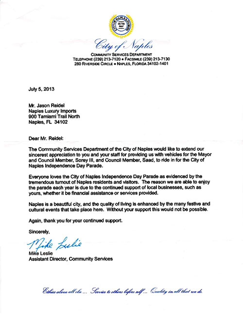 City of Naples Thank You letter